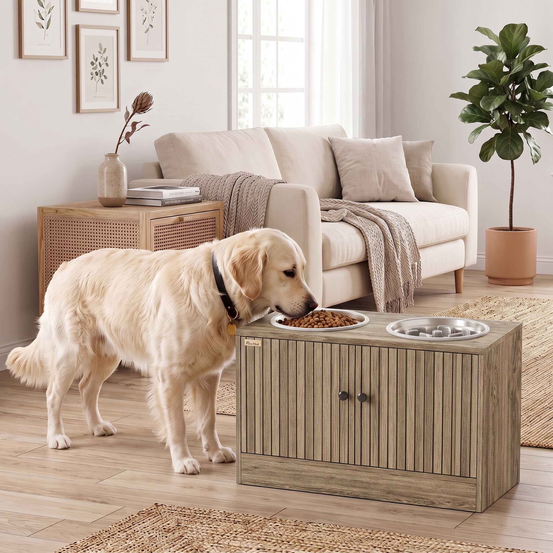 PawHut Elevated Dog Bowls with Storage Cabinet,  2 Stainless Steel Bowls, Slow Feeder, Dog Feeding Station for Large Dogs, Brown Wood Grain