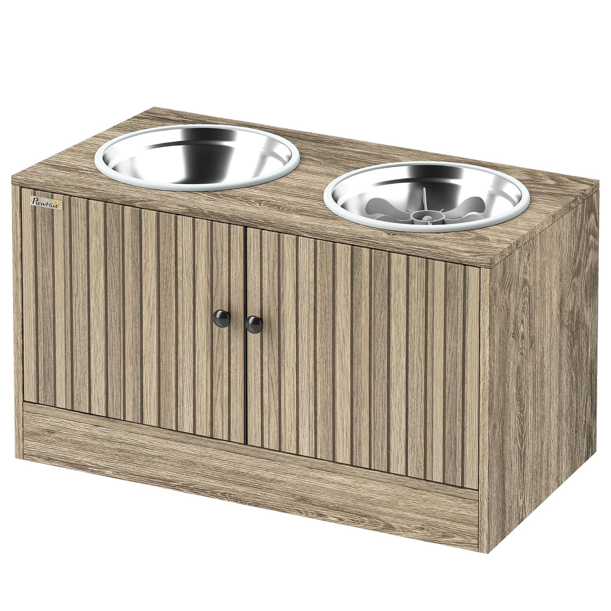 PawHut Elevated Dog Bowls with Storage Cabinet,  2 Stainless Steel Bowls, Slow Feeder, Dog Feeding Station for Large Dogs, Brown Wood Grain