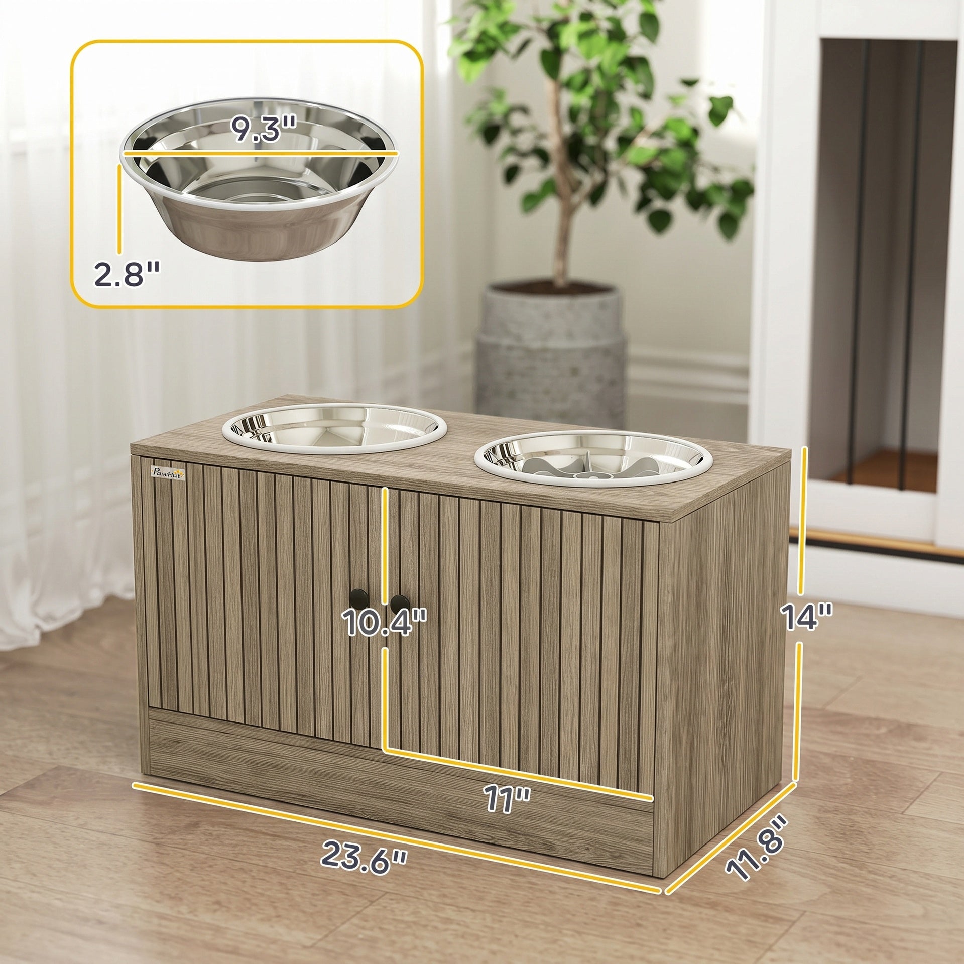 PawHut Elevated Dog Bowls with Storage Cabinet,  2 Stainless Steel Bowls, Slow Feeder, Dog Feeding Station for Large Dogs, Brown Wood Grain