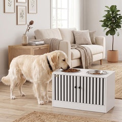 PawHut Elevated Dog Bowls with Storage Cabinet,  2 Stainless Steel Bowls, Slow Feeder, Dog Feeding Station for Large Dogs, White