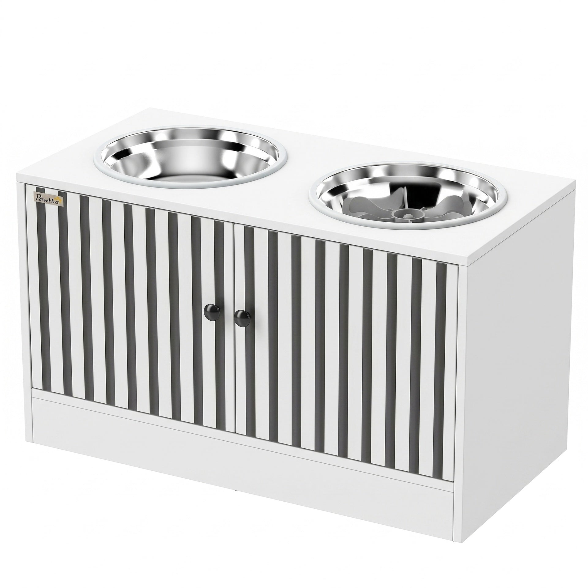 PawHut Elevated Dog Bowls with Storage Cabinet,  2 Stainless Steel Bowls, Slow Feeder, Dog Feeding Station for Large Dogs, White