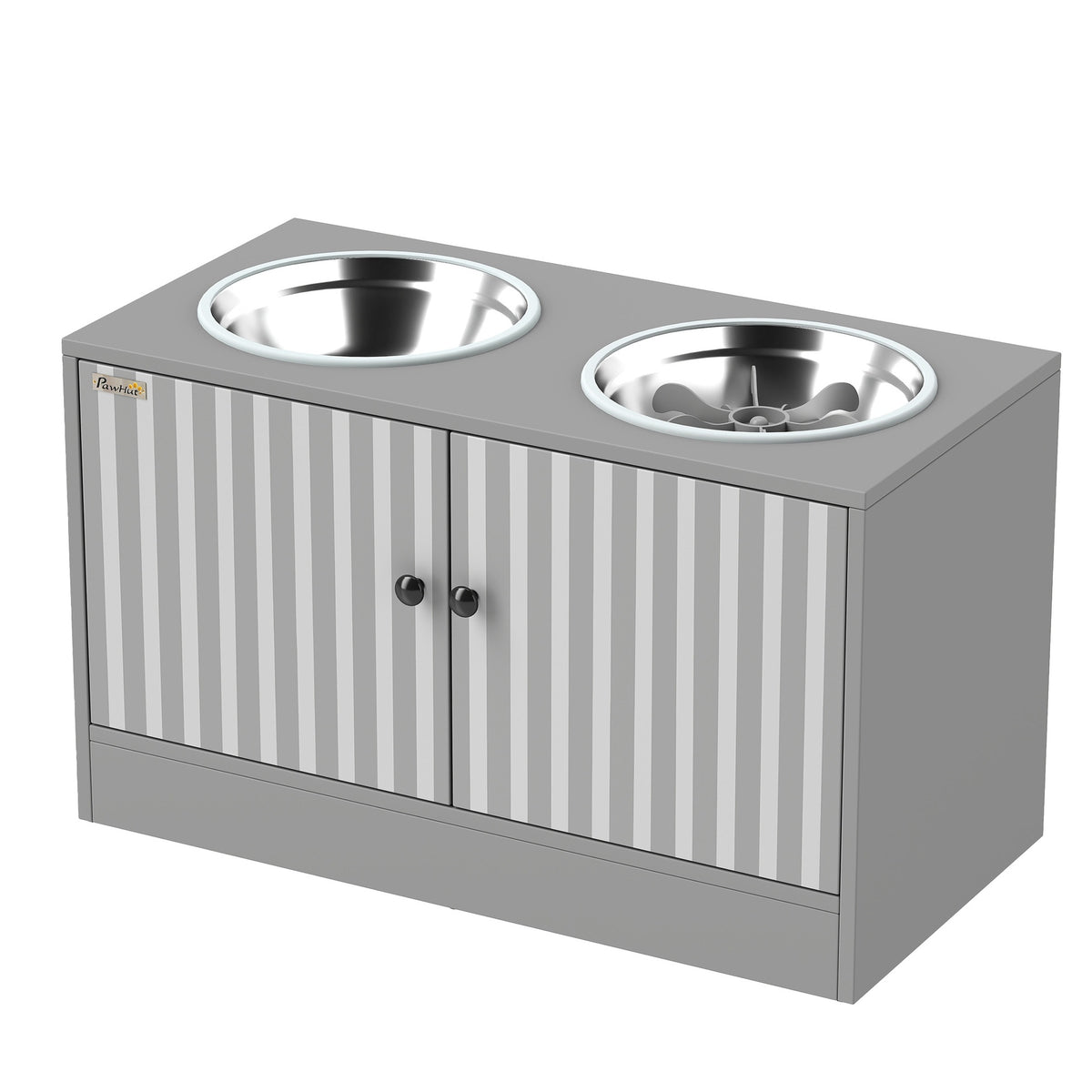 PawHut Elevated Dog Bowls with Storage Cabinet,  2 Stainless Steel Bowls, Slow Feeder, Dog Feeding Station for Large Dogs, Gray