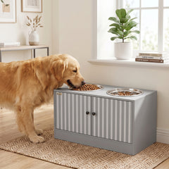 PawHut Elevated Dog Bowls with Storage Cabinet,  2 Stainless Steel Bowls, Slow Feeder, Dog Feeding Station for Large Dogs, Gray