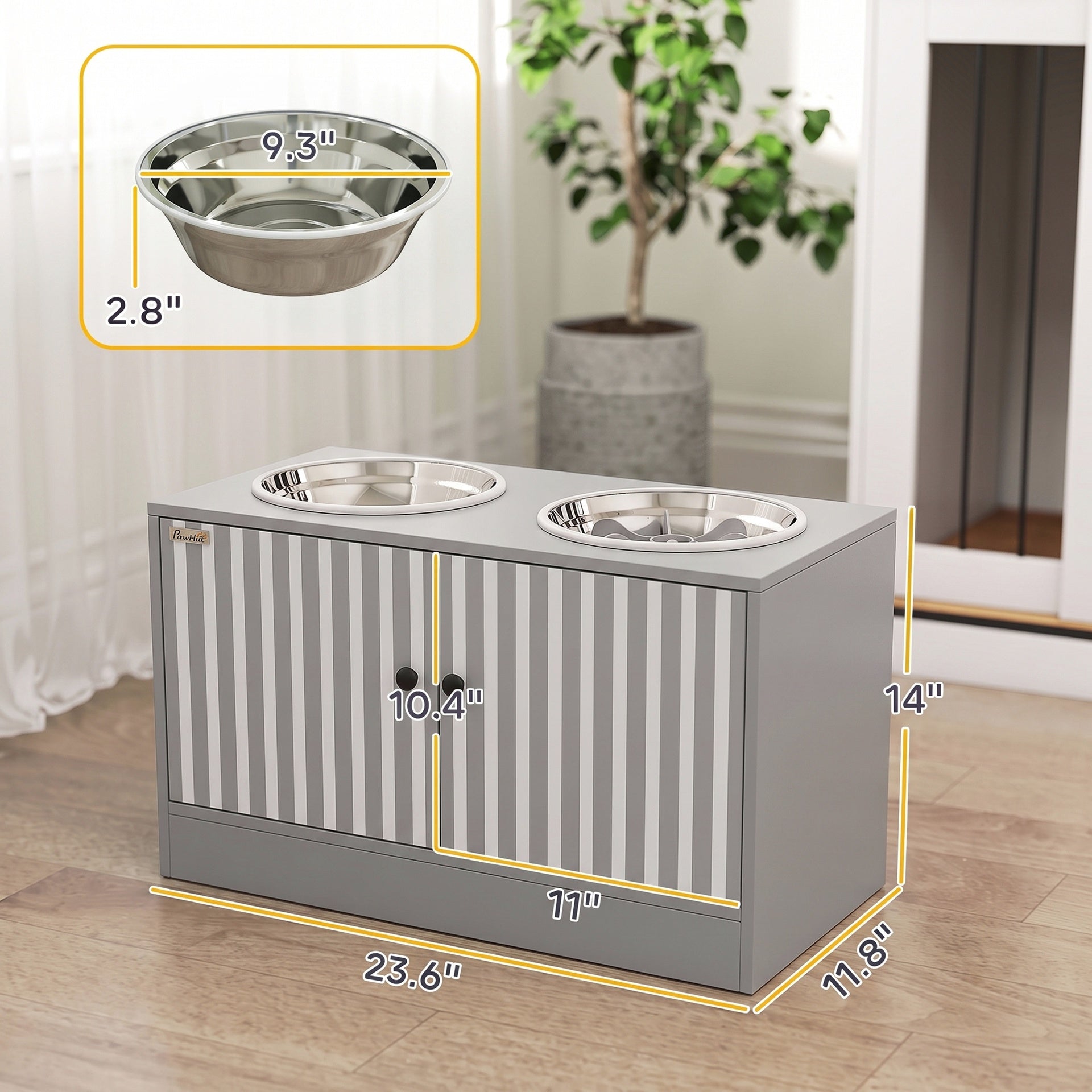 PawHut Elevated Dog Bowls with Storage Cabinet,  2 Stainless Steel Bowls, Slow Feeder, Dog Feeding Station for Large Dogs, Gray