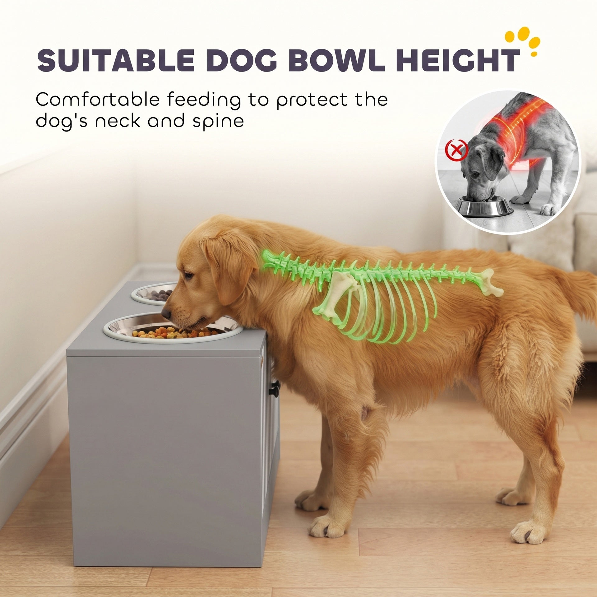 PawHut Elevated Dog Bowls with Storage Cabinet,  2 Stainless Steel Bowls, Slow Feeder, Dog Feeding Station for Large Dogs, Gray