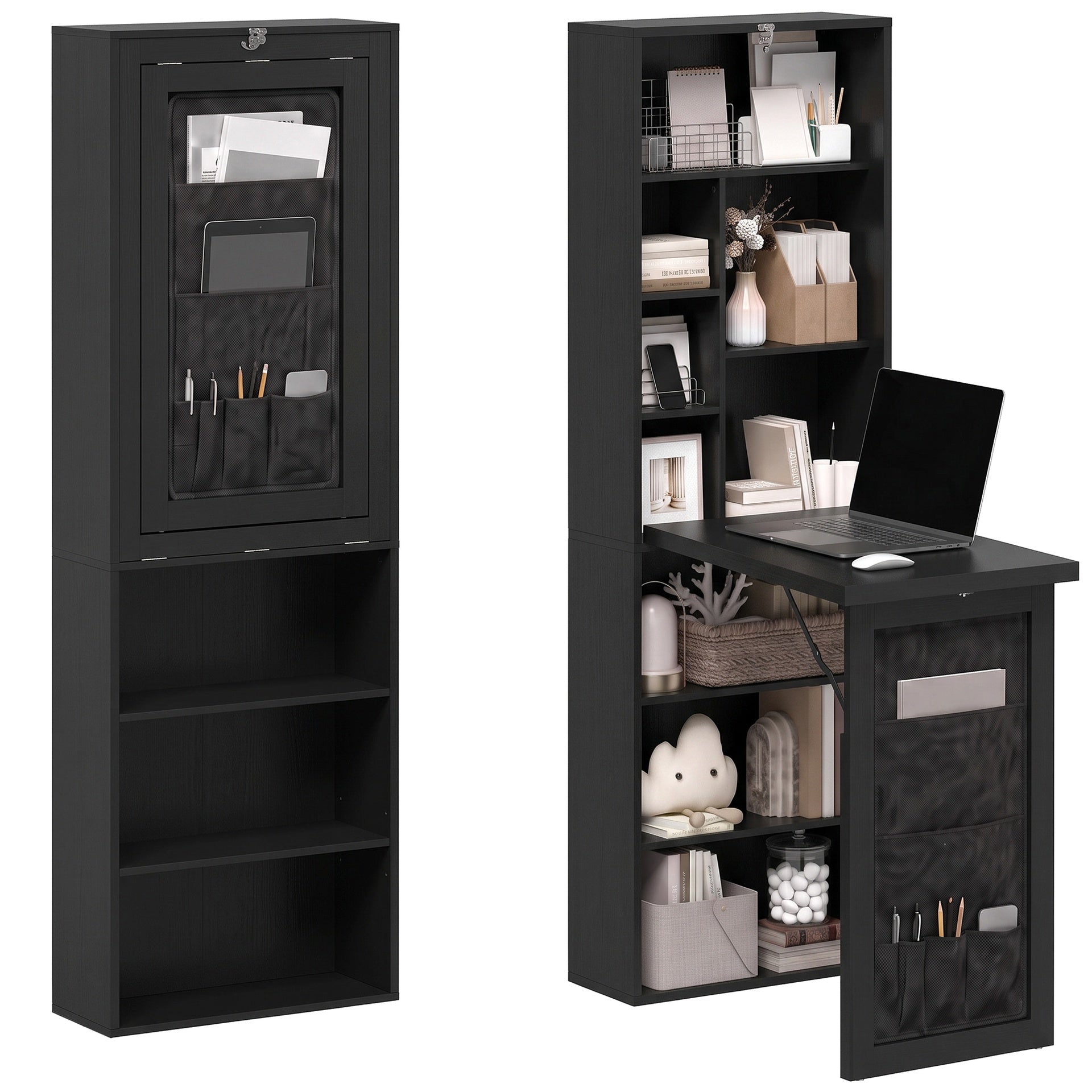 HOMCOM Foldable Convertible Writing Table with Storage Shelves, Bag, Wall-Mounted Space-Saving Computer Desk, Black