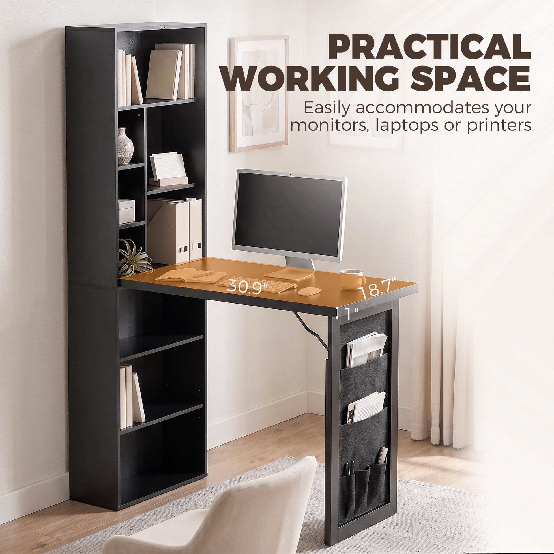HOMCOM Foldable Convertible Writing Table with Storage Shelves, Bag, Wall-Mounted Space-Saving Computer Desk, Black