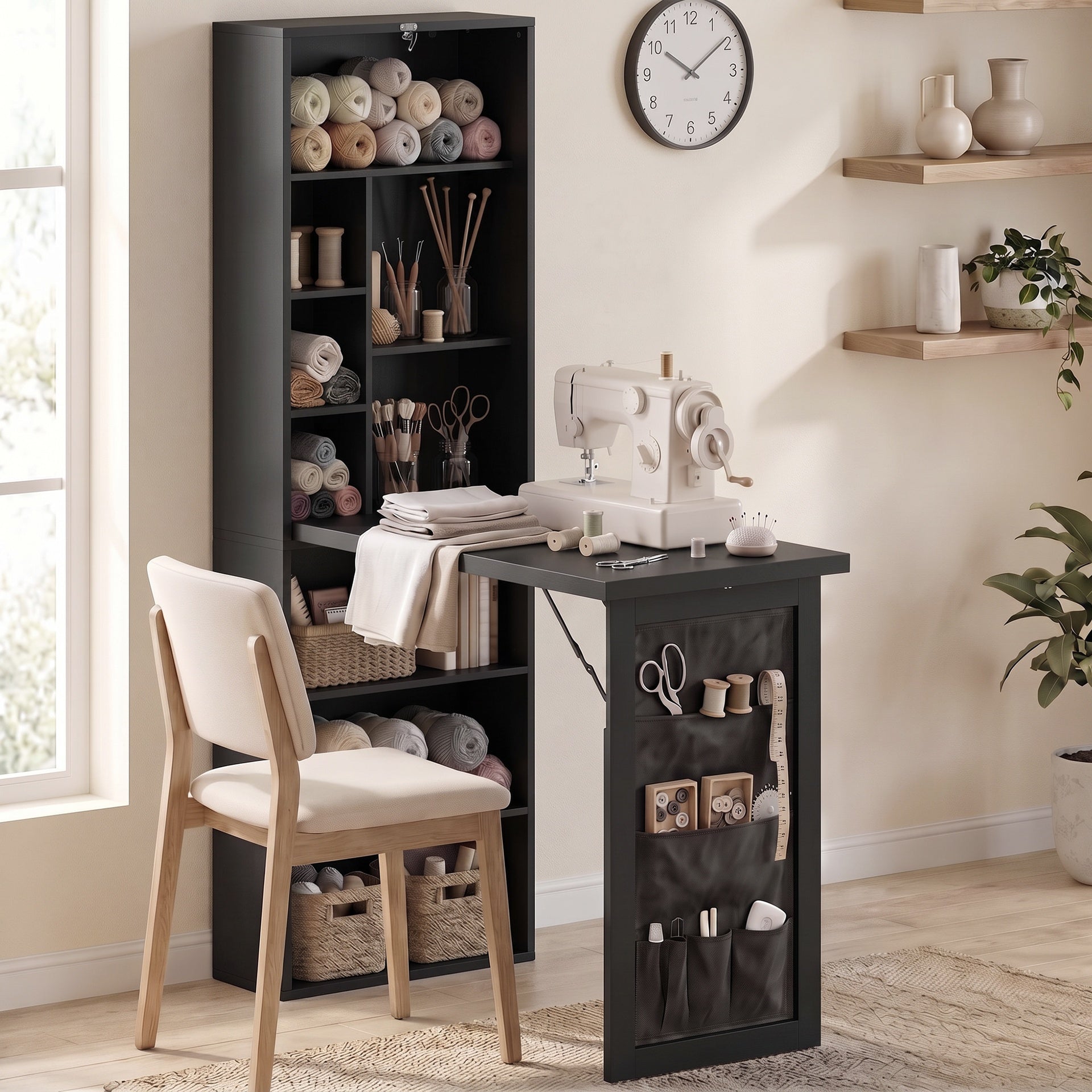 HOMCOM Foldable Convertible Writing Table with Storage Shelves, Bag, Wall-Mounted Space-Saving Computer Desk, Black