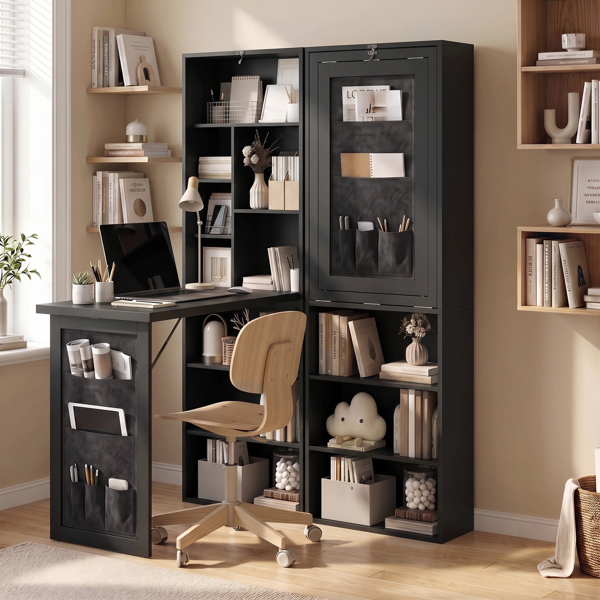 HOMCOM Foldable Convertible Writing Table with Storage Shelves, Bag, Wall-Mounted Space-Saving Computer Desk, Black