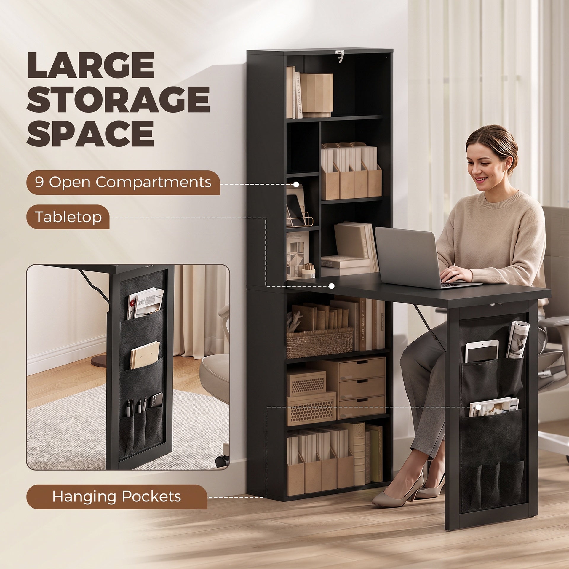 HOMCOM Foldable Convertible Writing Table with Storage Shelves, Bag, Wall-Mounted Space-Saving Computer Desk, Black