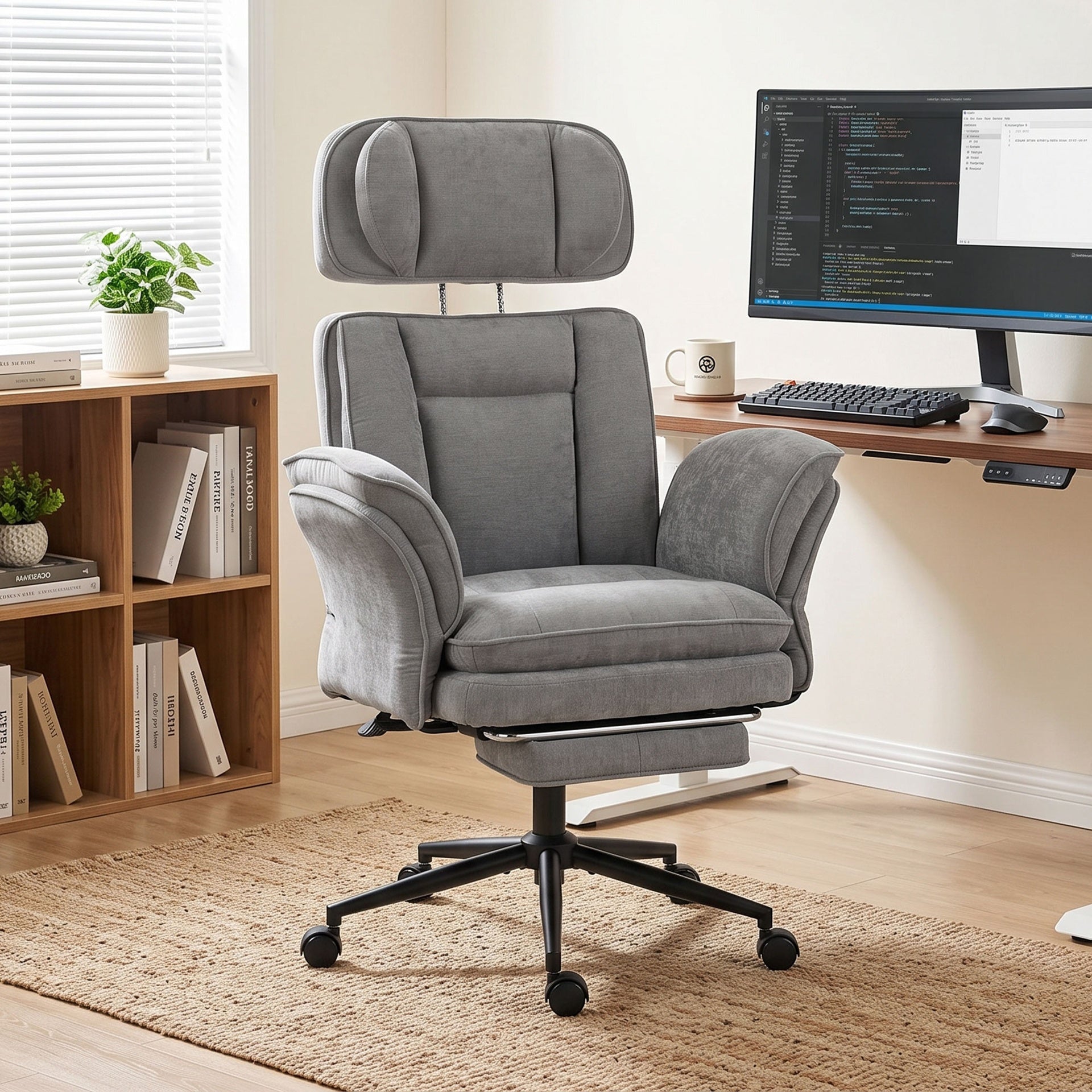 HOMCOM Criss Cross Office Chair with Flip Armrests, Adjustable Headrest, Swivel Tilt Reclining Desk Chair with Wheels, Gray