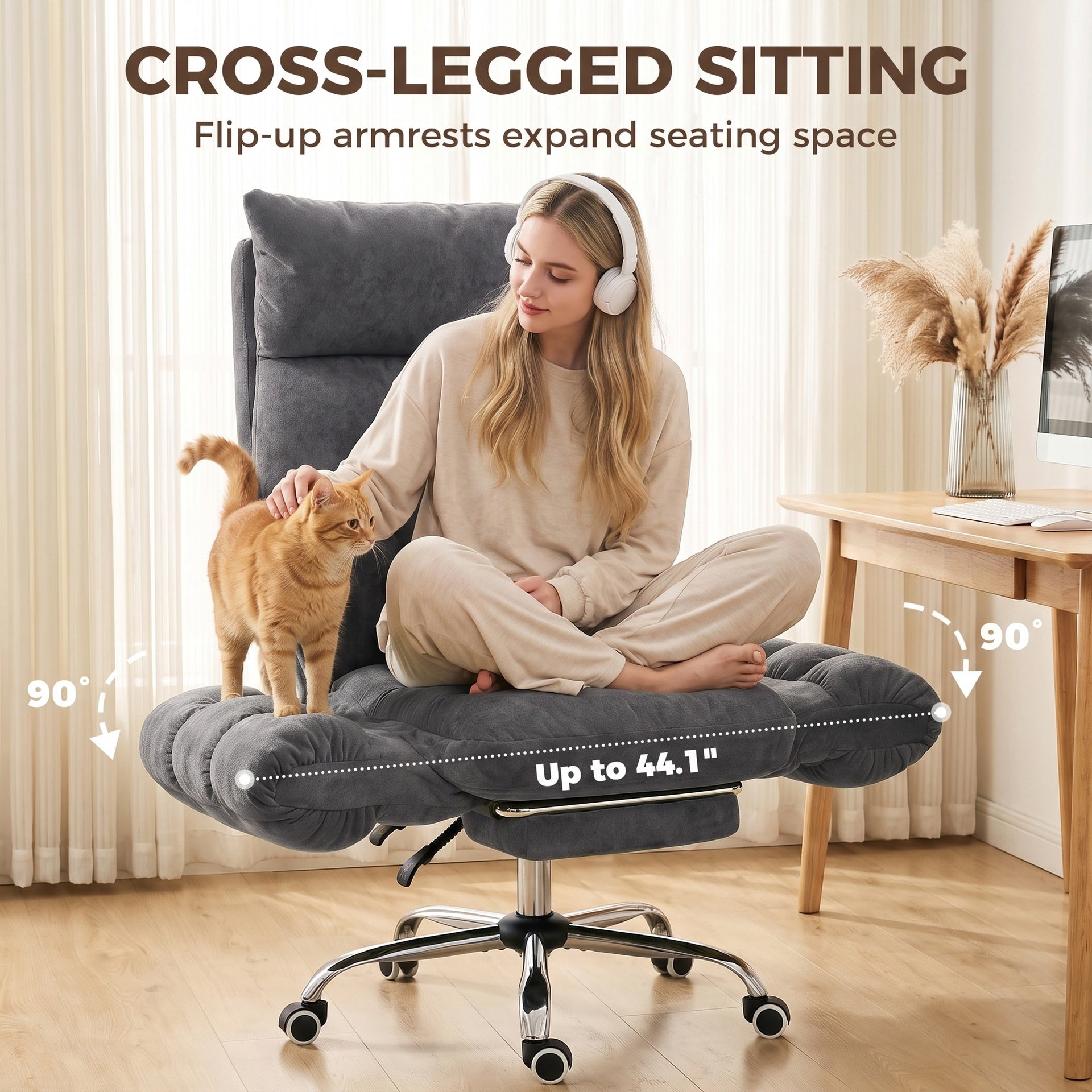 HOMCOM Criss Cross Office Chair with Flip-Up Armrests, Wide Seat, Reclining Cross Legged Desk Chair with Footrest, Dark Gray