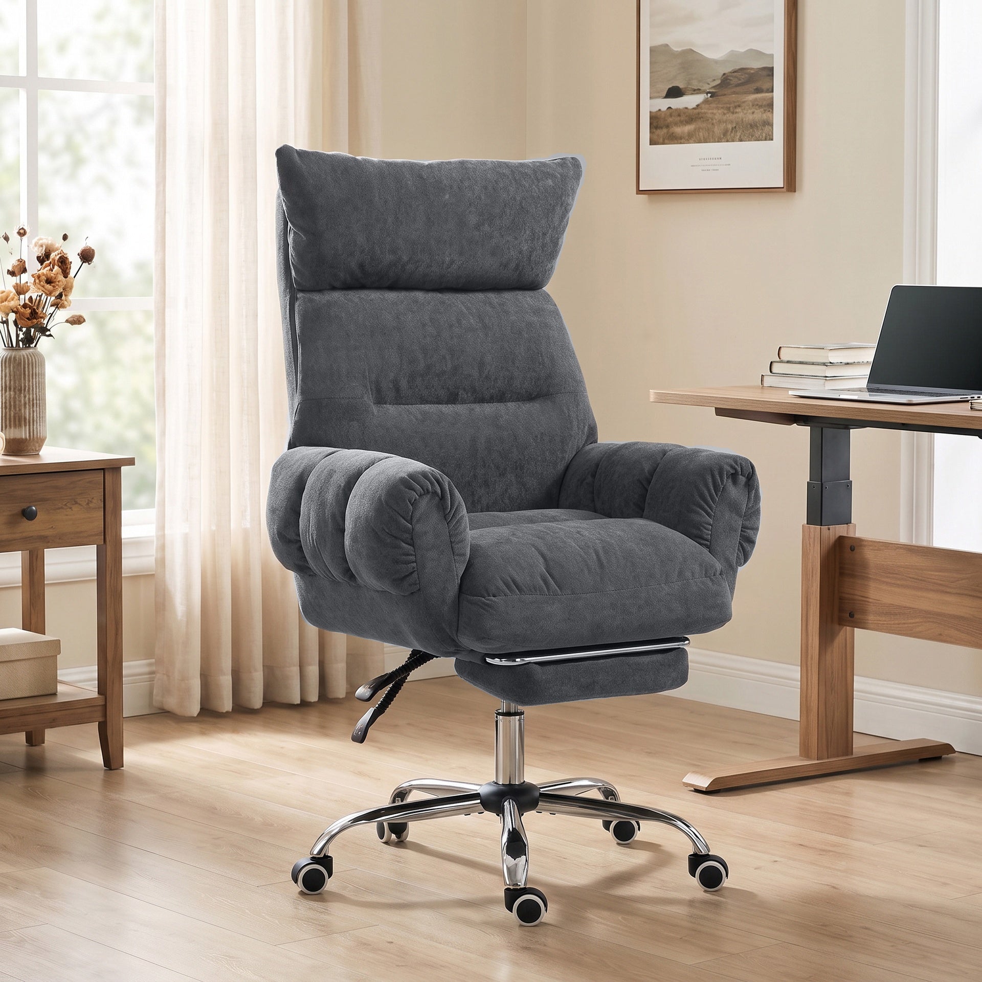 HOMCOM Criss Cross Office Chair with Flip-Up Armrests, Wide Seat, Reclining Cross Legged Desk Chair with Footrest, Dark Gray