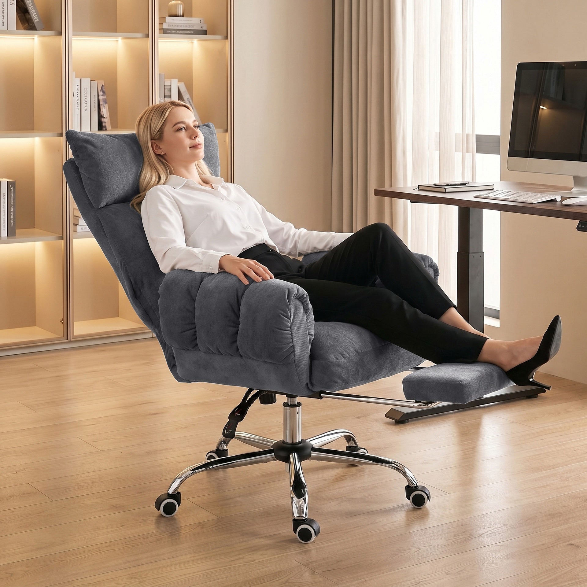 HOMCOM Criss Cross Office Chair with Flip-Up Armrests, Wide Seat, Reclining Cross Legged Desk Chair with Footrest, Dark Gray