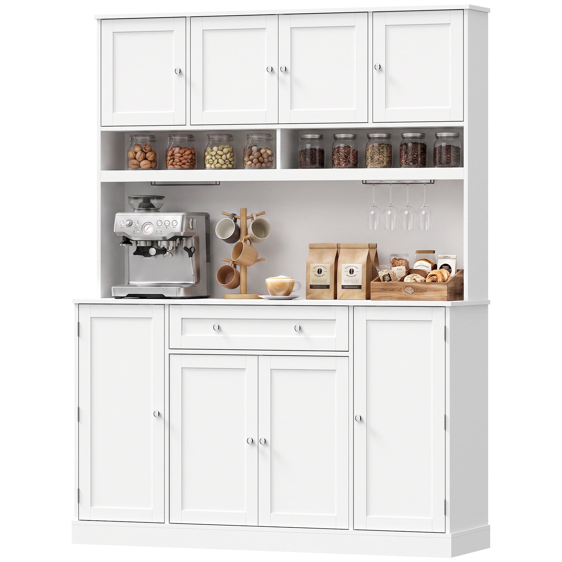 HOMCOM 73" Pantry Cabinet with Charging Station, 55" Wide Kitchen Pantry with Microwave Stand, White