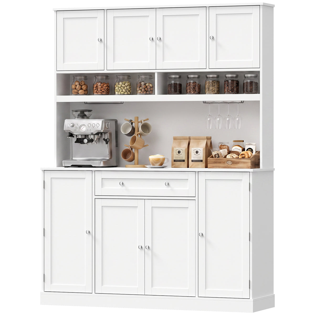HOMCOM 73" Pantry Cabinet with Charging Station, 55" Wide Kitchen Pantry with Microwave Stand, White