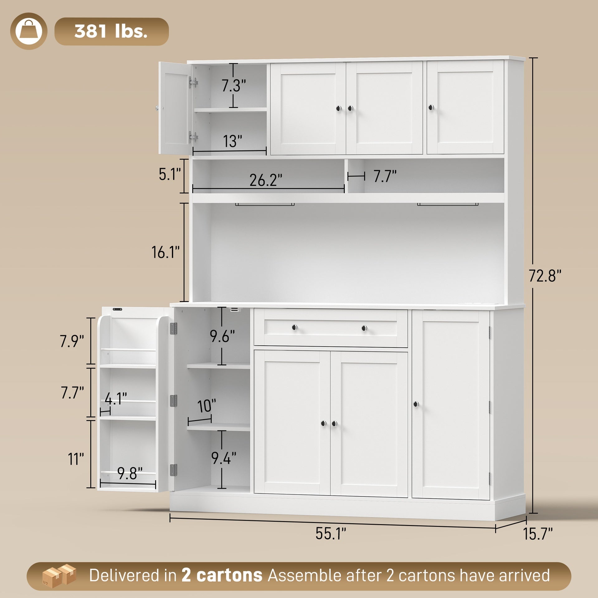 HOMCOM 73" Pantry Cabinet with Charging Station, 55" Wide Kitchen Pantry with Microwave Stand, White