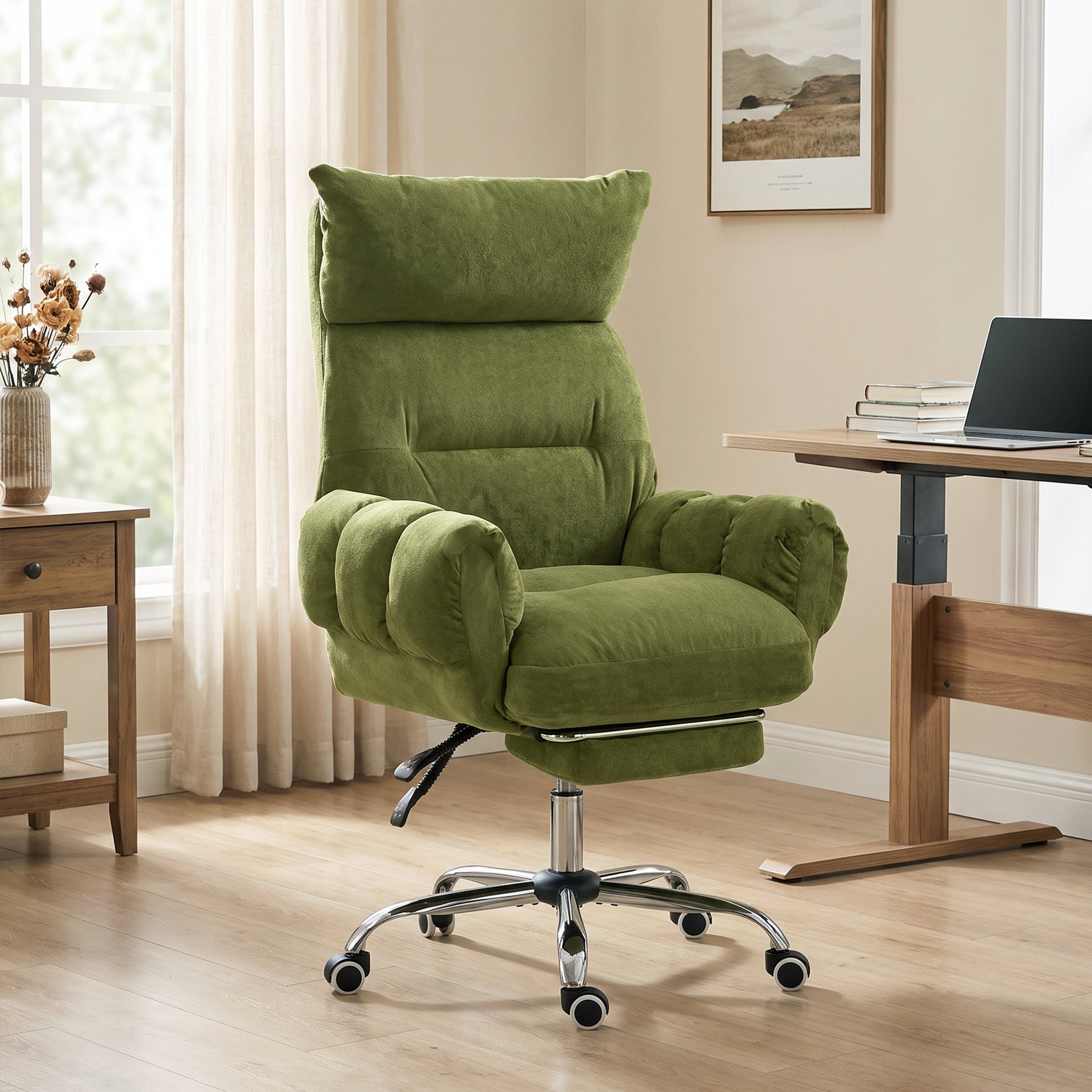 HOMCOM Criss Cross Office Chair with Flip-Up Armrests, Wide Seat, Reclining Cross Legged Desk Chair with Footrest, Green