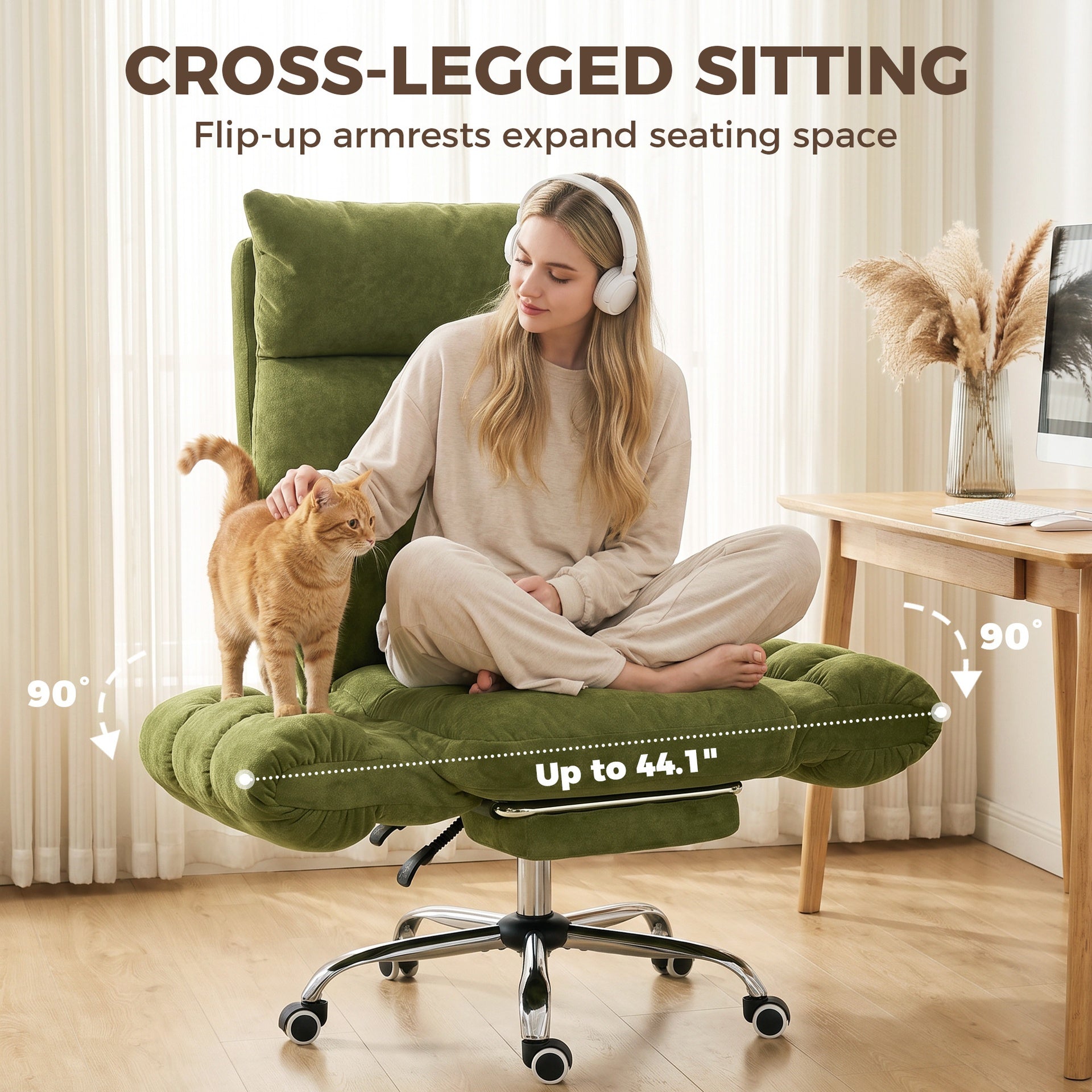 HOMCOM Criss Cross Office Chair with Flip-Up Armrests, Wide Seat, Reclining Cross Legged Desk Chair with Footrest, Green