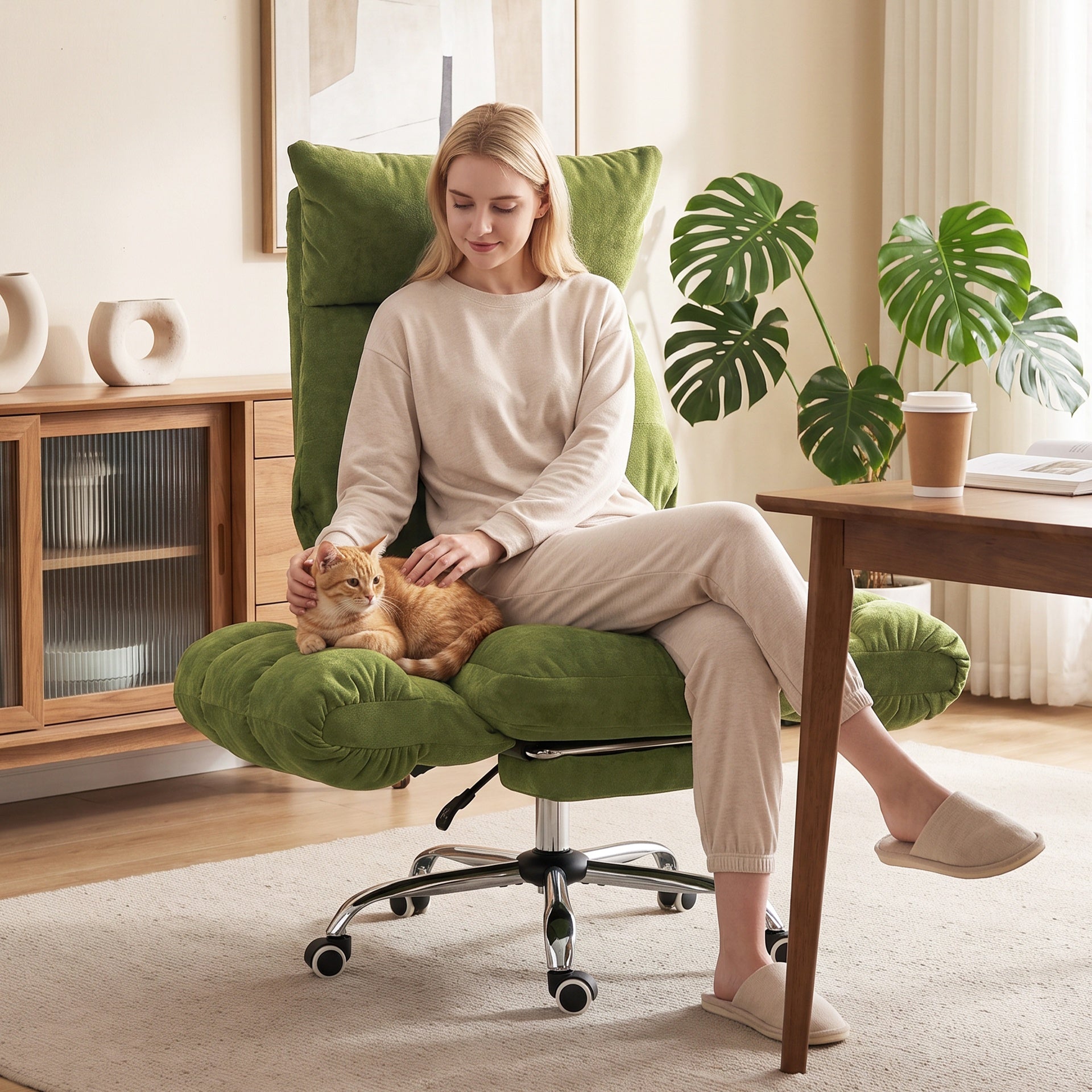 HOMCOM Criss Cross Office Chair with Flip-Up Armrests, Wide Seat, Reclining Cross Legged Desk Chair with Footrest, Green