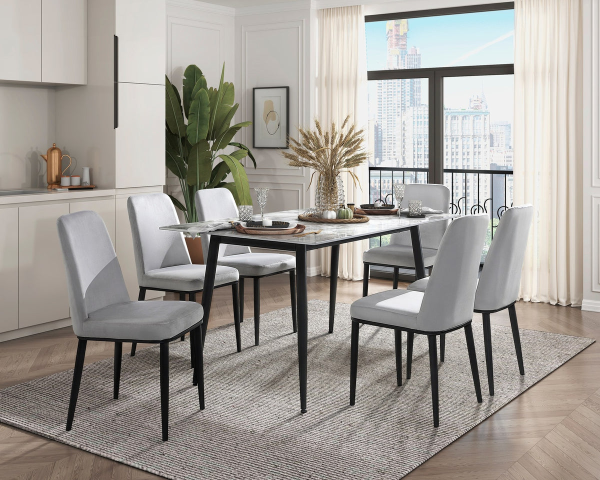 Contemporary 7pc Dining Set Table and 6 Side Chairs Beige Velvet Sintered Stone Tabletop Metal Legs Dining Furniture