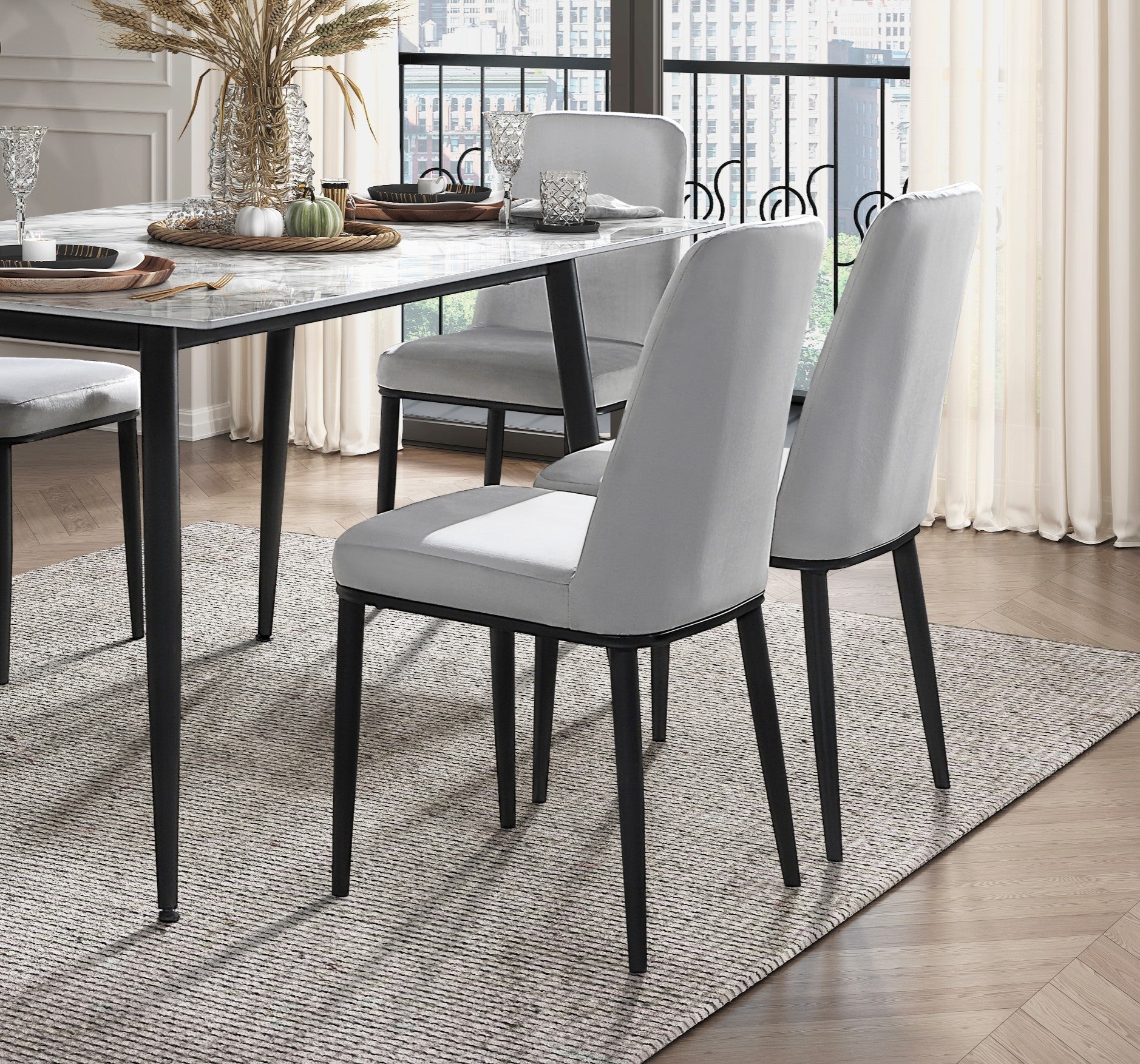 Contemporary 7pc Dining Set Table and 6 Side Chairs Beige Velvet Sintered Stone Tabletop Metal Legs Dining Furniture