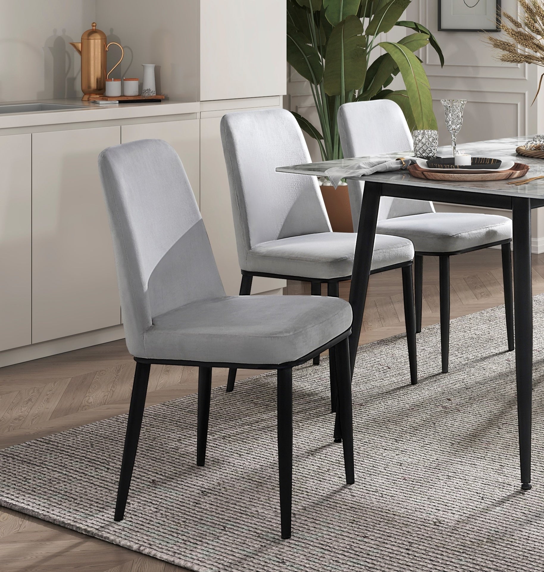 Contemporary 7pc Dining Set Table and 6 Side Chairs Beige Velvet Sintered Stone Tabletop Metal Legs Dining Furniture