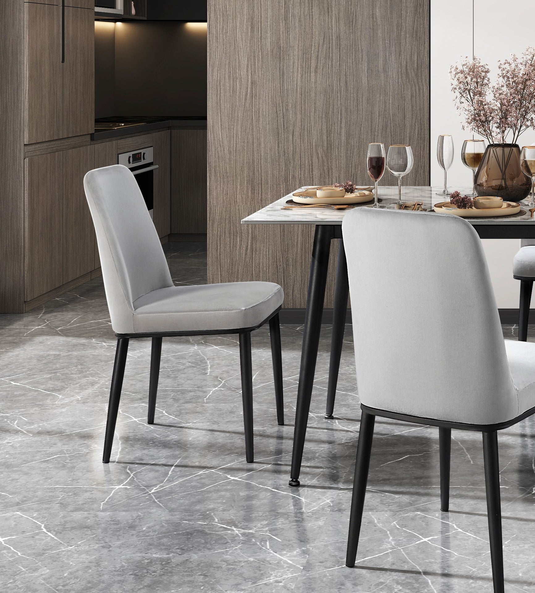 Contemporary 5pc Dining Set Table and 4 Chairs Beige Velvet Sintered Stone Tabletop Metal Legs Dining Furniture
