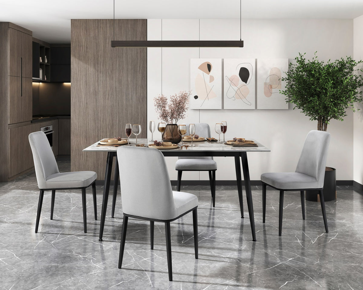 Contemporary 5pc Dining Set Table and 4 Chairs Beige Velvet Sintered Stone Tabletop Metal Legs Dining Furniture