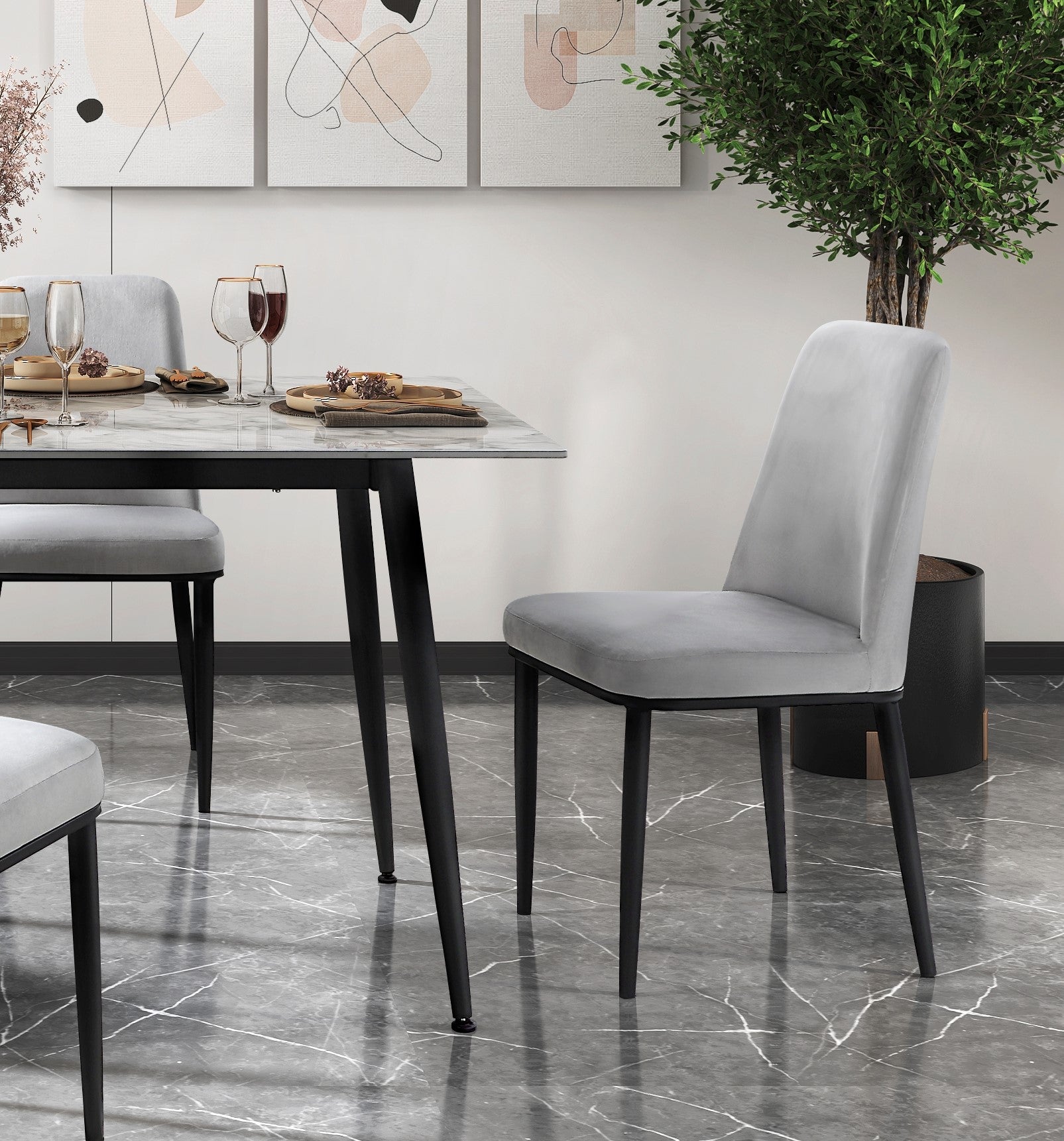 Contemporary 5pc Dining Set Table and 4 Chairs Beige Velvet Sintered Stone Tabletop Metal Legs Dining Furniture