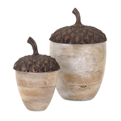Set of 2 Brown Wooden Acorn Accents with Aluminum Top, L:D6x10"  S:D5x7.5"