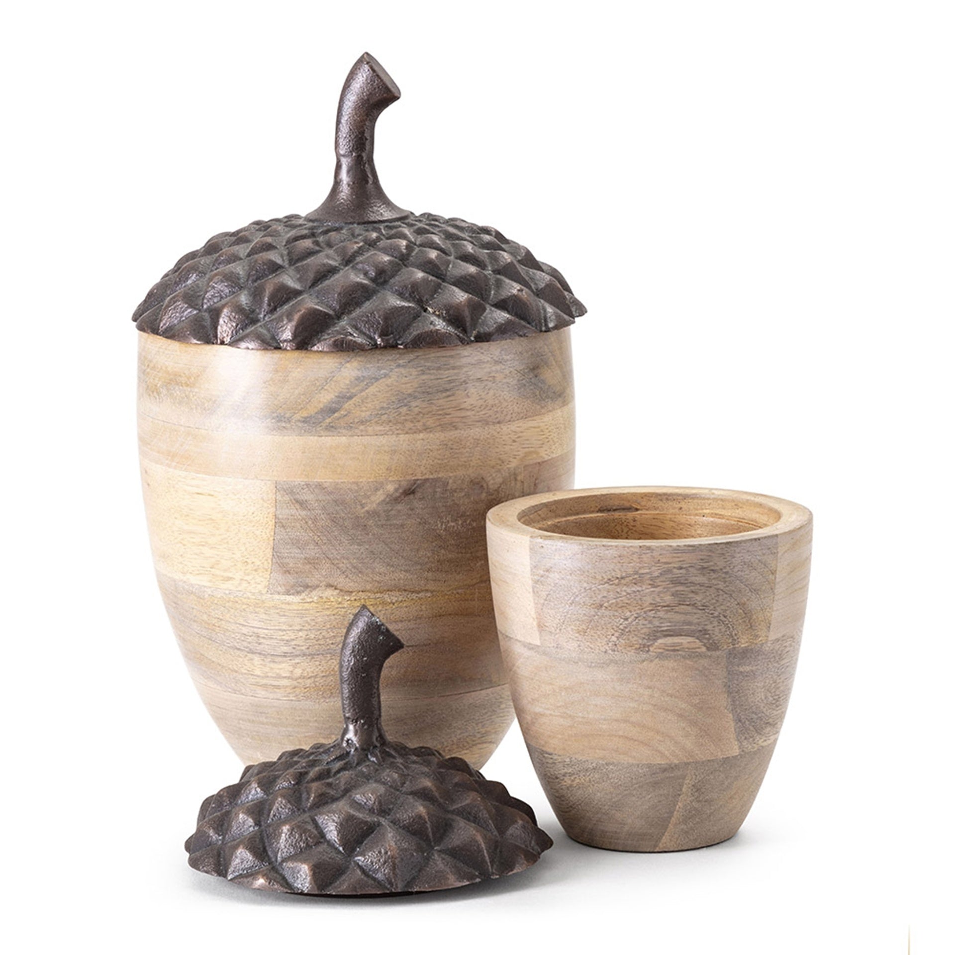 Set of 2 Brown Wooden Acorn Accents with Aluminum Top, L:D6x10"  S:D5x7.5"