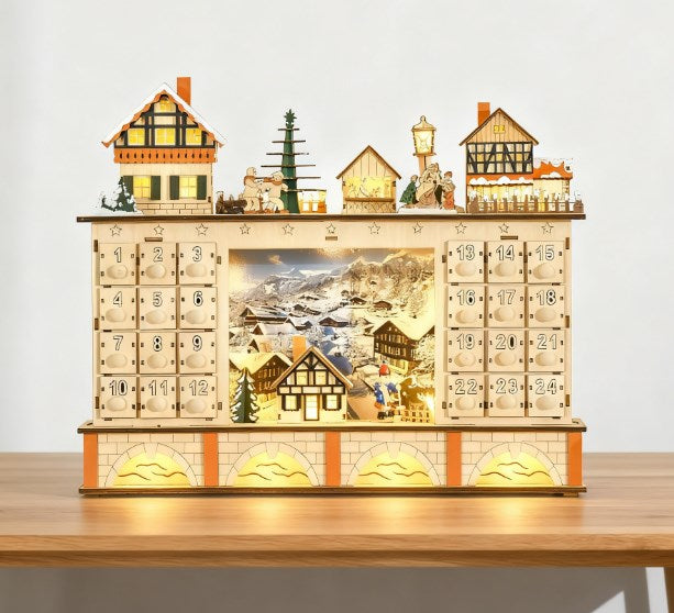 Light Up Table Xmas Wooden Store Holiday Decoration,Christmas Advent Calendar with Countdown Drawer, Village