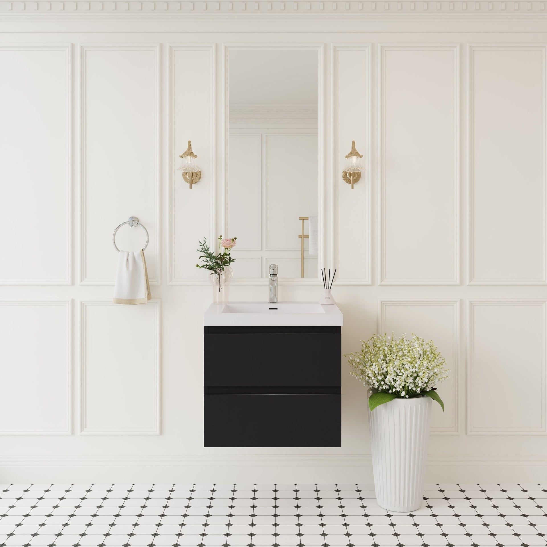 24" Floating Bathroom Vanity with Sink, Modern Wall-Mounted Bathroom Storage Vanity Cabinet with Solid Surface Top Basin and Soft Close Drawers, Glossy Black GF-24V11-24GB-W1573P152691