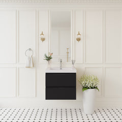 24" Floating Bathroom Vanity with Sink, Modern Wall-Mounted Bathroom Storage Vanity Cabinet with Solid Surface Top Basin and Soft Close Drawers, Glossy Black GF-24V11-24GB-W1573P152691
