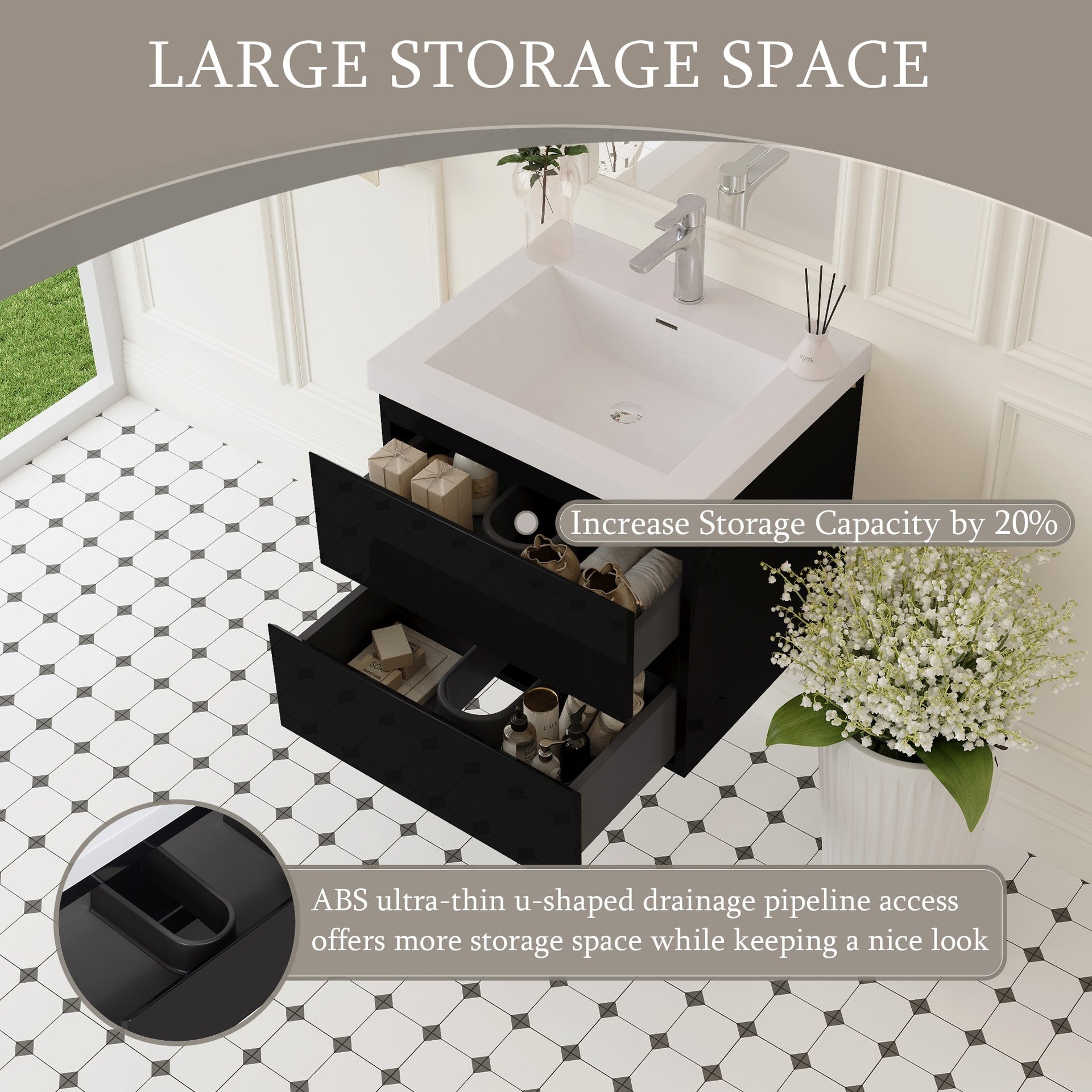 24" Floating Bathroom Vanity with Sink, Modern Wall-Mounted Bathroom Storage Vanity Cabinet with Solid Surface Top Basin and Soft Close Drawers, Glossy Black GF-24V11-24GB-W1573P152691