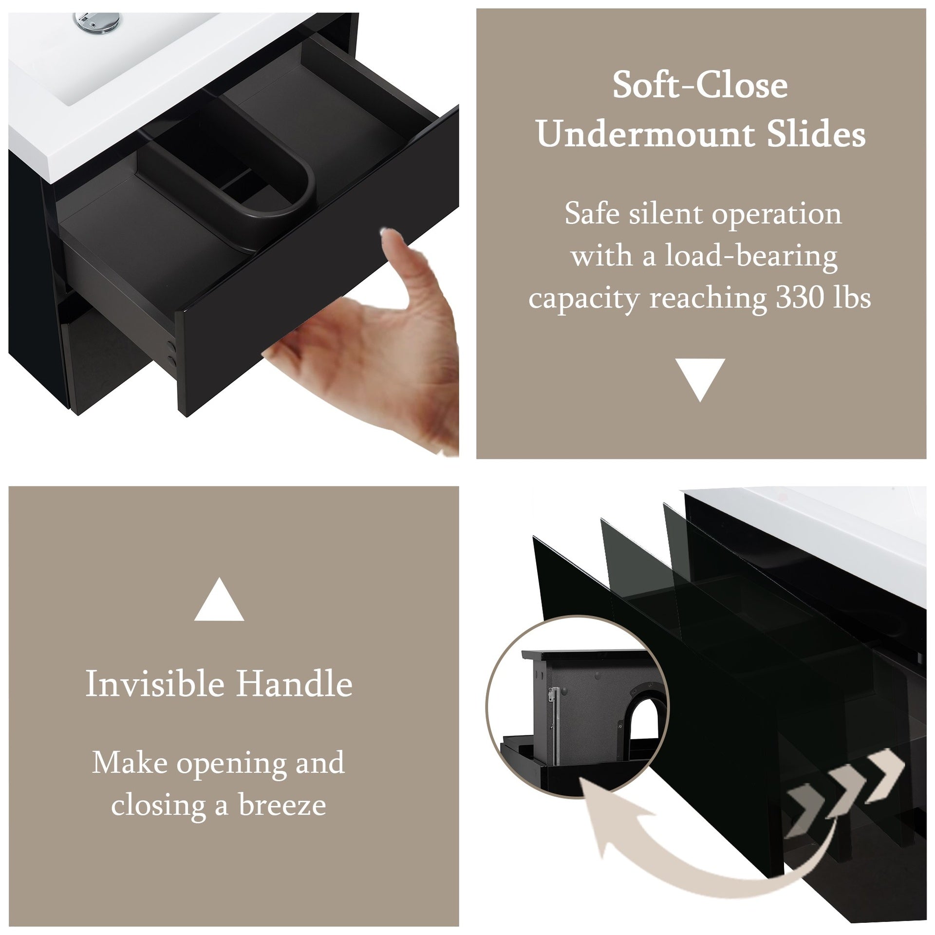 24" Floating Bathroom Vanity with Sink, Modern Wall-Mounted Bathroom Storage Vanity Cabinet with Solid Surface Top Basin and Soft Close Drawers, Glossy Black GF-24V11-24GB-W1573P152691