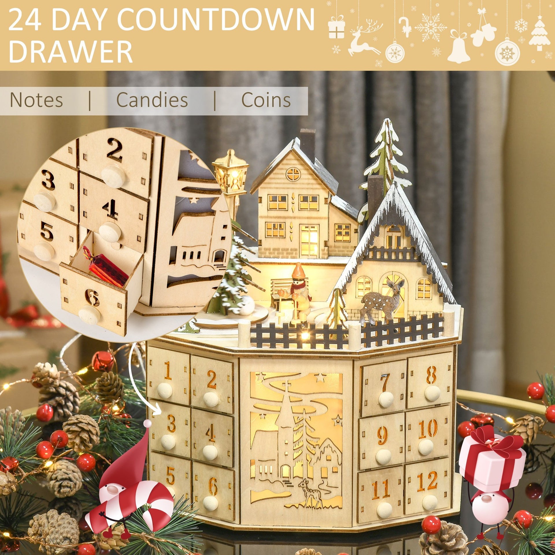HOMCOM Christmas Advent Calendar, Light Up Table Xmas Wooden Holiday Decoration with Countdown Drawers and Village, for Kids and Adults, Natural