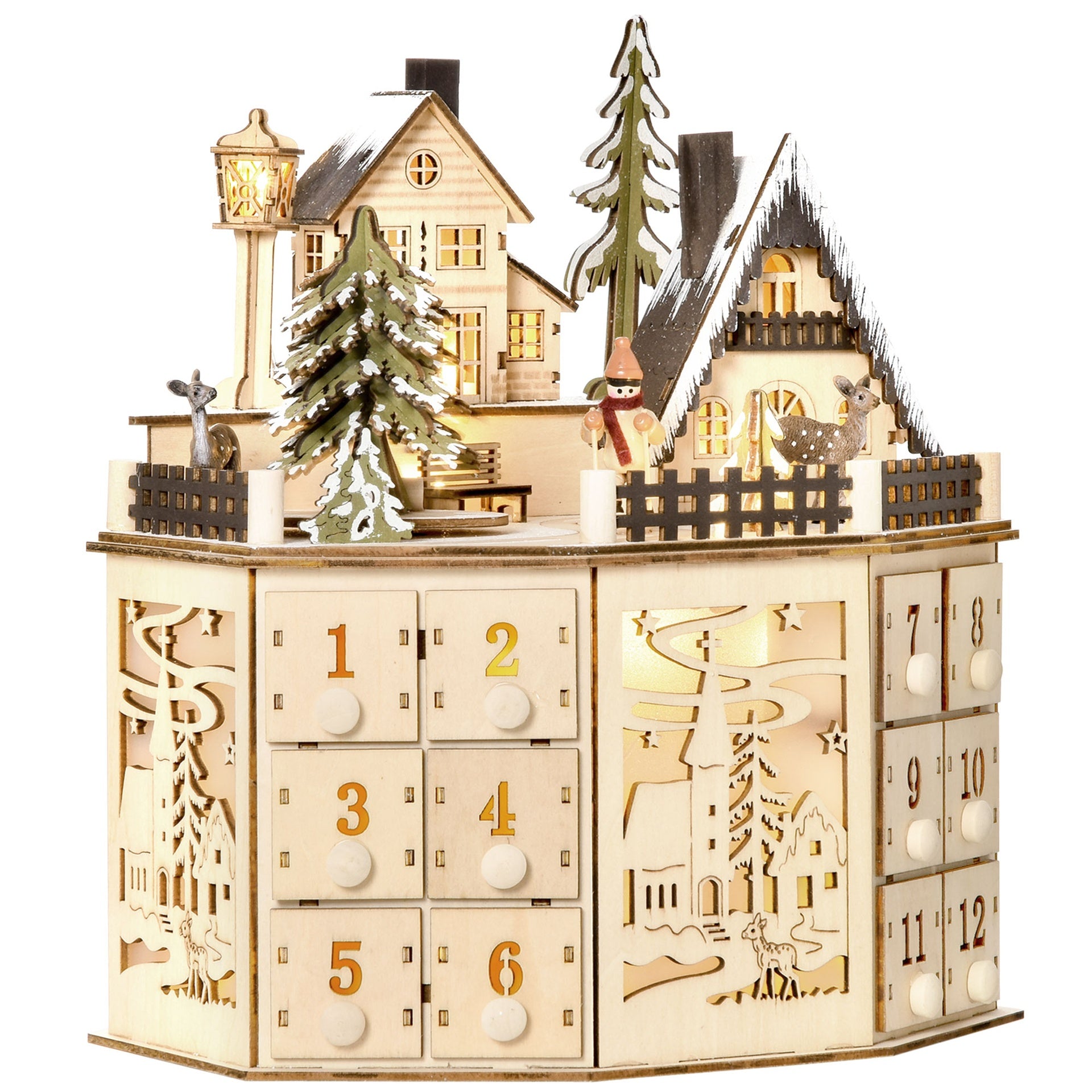 HOMCOM Christmas Advent Calendar, Light Up Table Xmas Wooden Holiday Decoration with Countdown Drawers and Village, for Kids and Adults, Natural