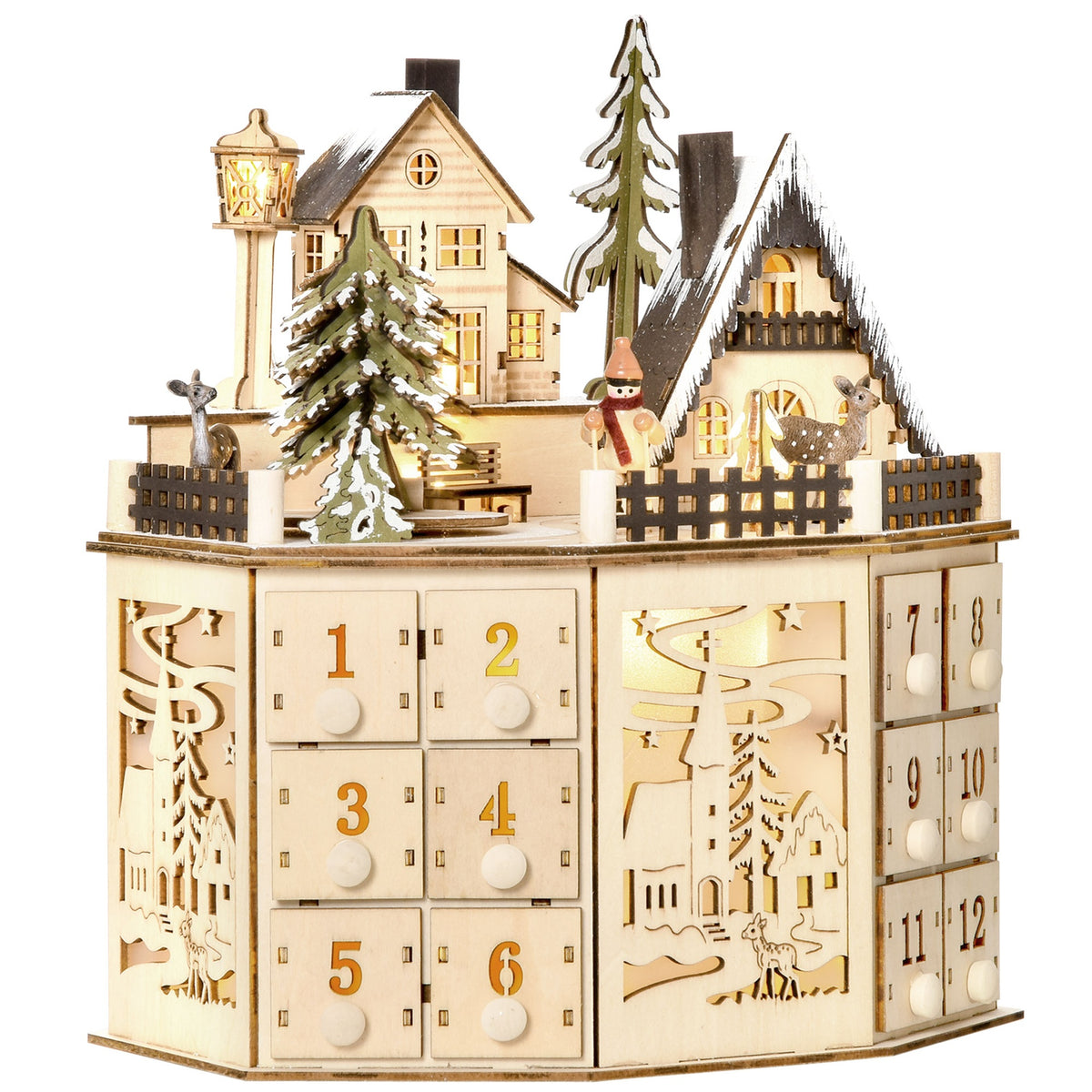 HOMCOM Christmas Advent Calendar, Light Up Table Xmas Wooden Holiday Decoration with Countdown Drawers and Village, for Kids and Adults, Natural