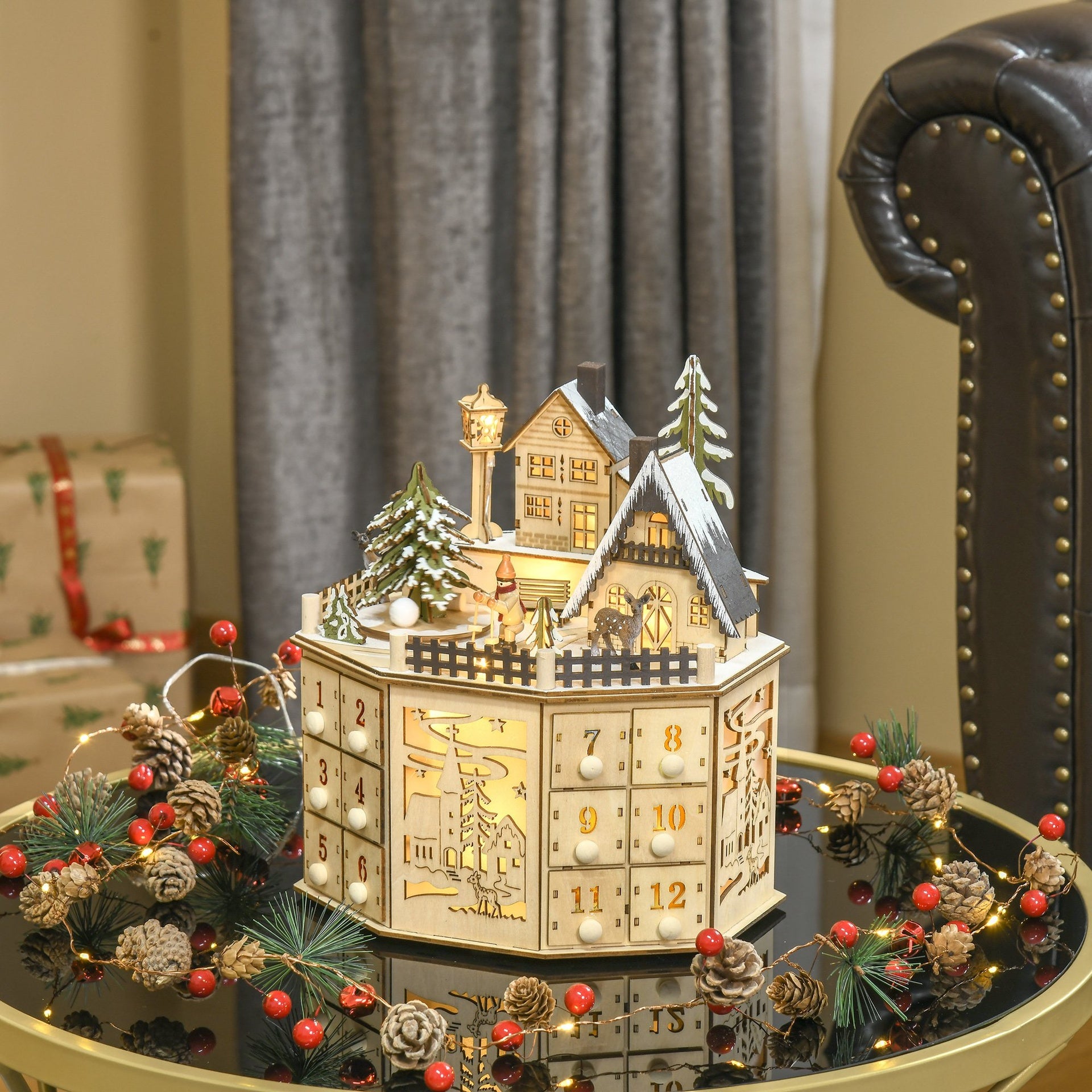 HOMCOM Christmas Advent Calendar, Light Up Table Xmas Wooden Holiday Decoration with Countdown Drawers and Village, for Kids and Adults, Natural