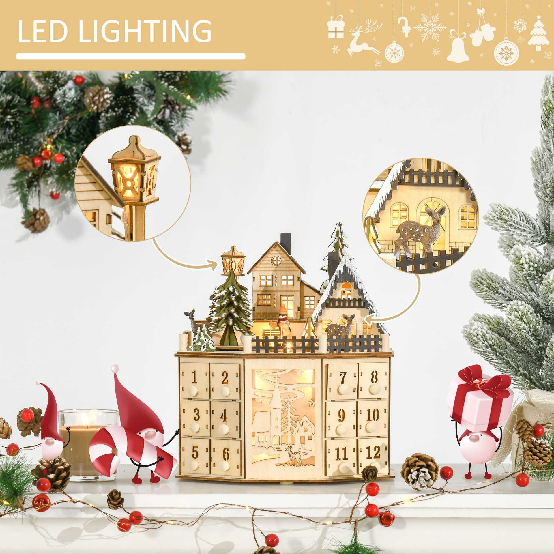 HOMCOM Christmas Advent Calendar, Light Up Table Xmas Wooden Holiday Decoration with Countdown Drawers and Village, for Kids and Adults, Natural
