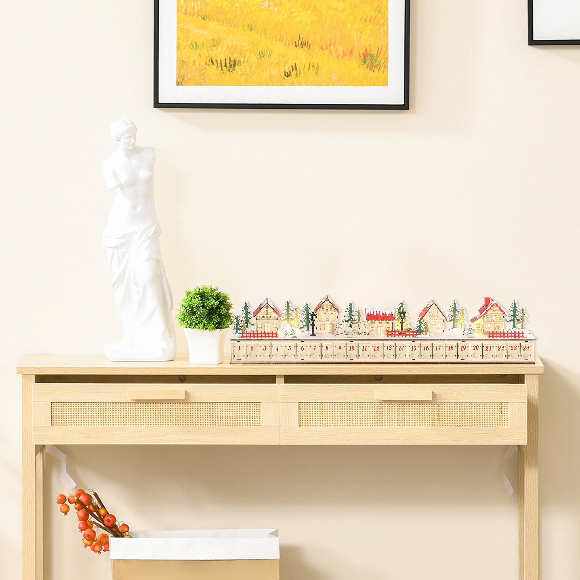 HOMCOM Christmas Advent Calendar with 24 Countdown Drawers and LED Lights, Wood-Effect Advent Calendar, Battery Operated