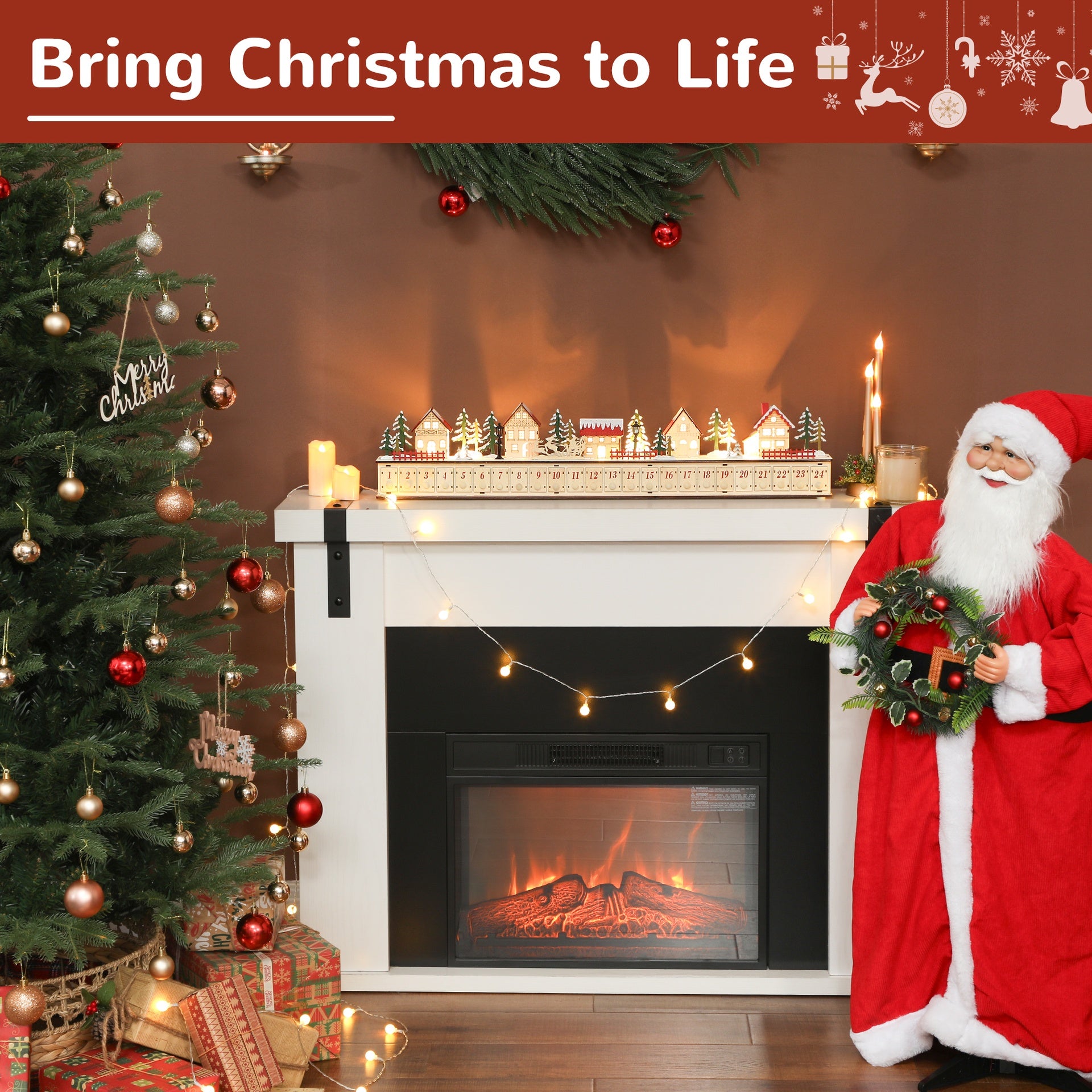 HOMCOM Christmas Advent Calendar with 24 Countdown Drawers and LED Lights, Wood-Effect Advent Calendar, Battery Operated