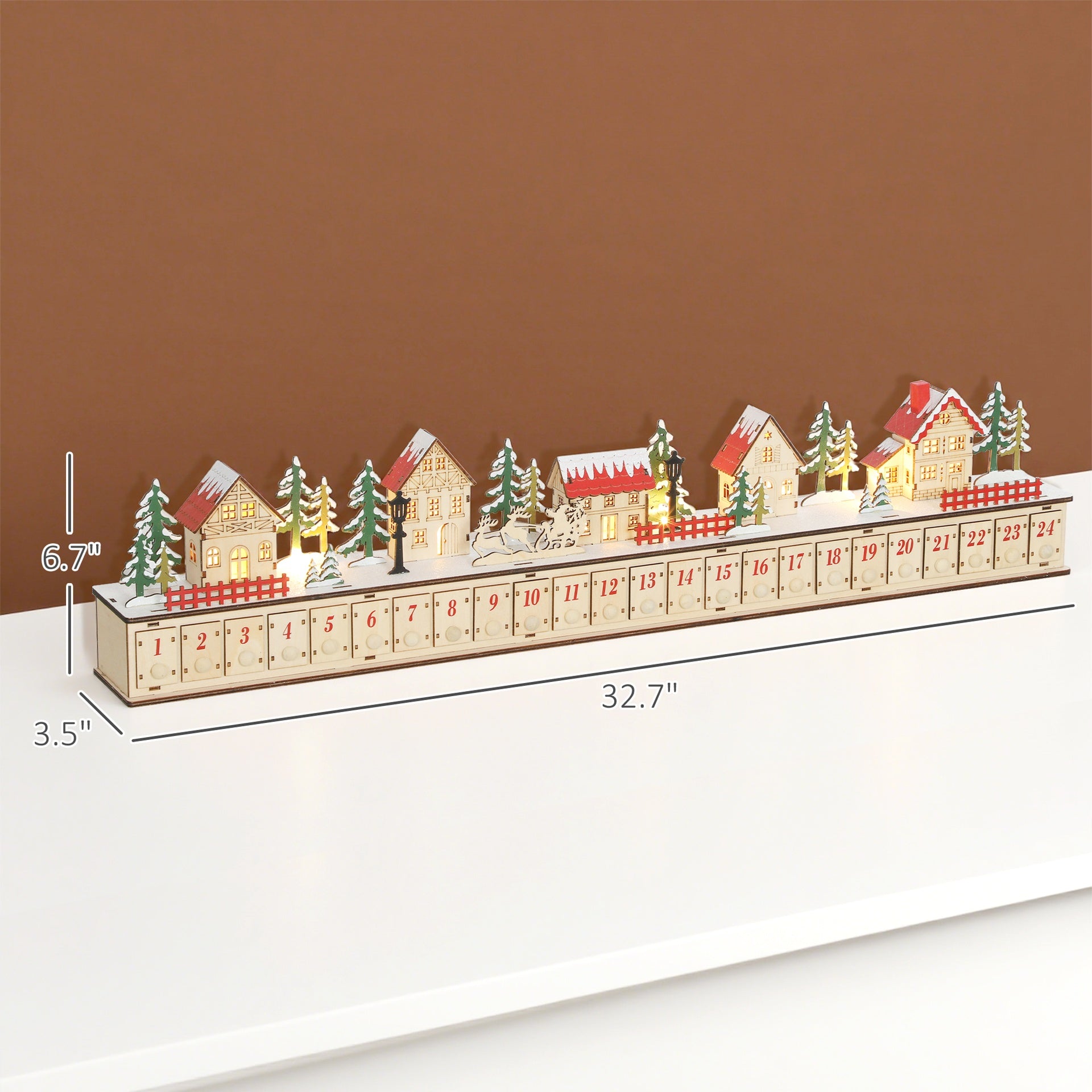 HOMCOM Christmas Advent Calendar with 24 Countdown Drawers and LED Lights, Wood-Effect Advent Calendar, Battery Operated