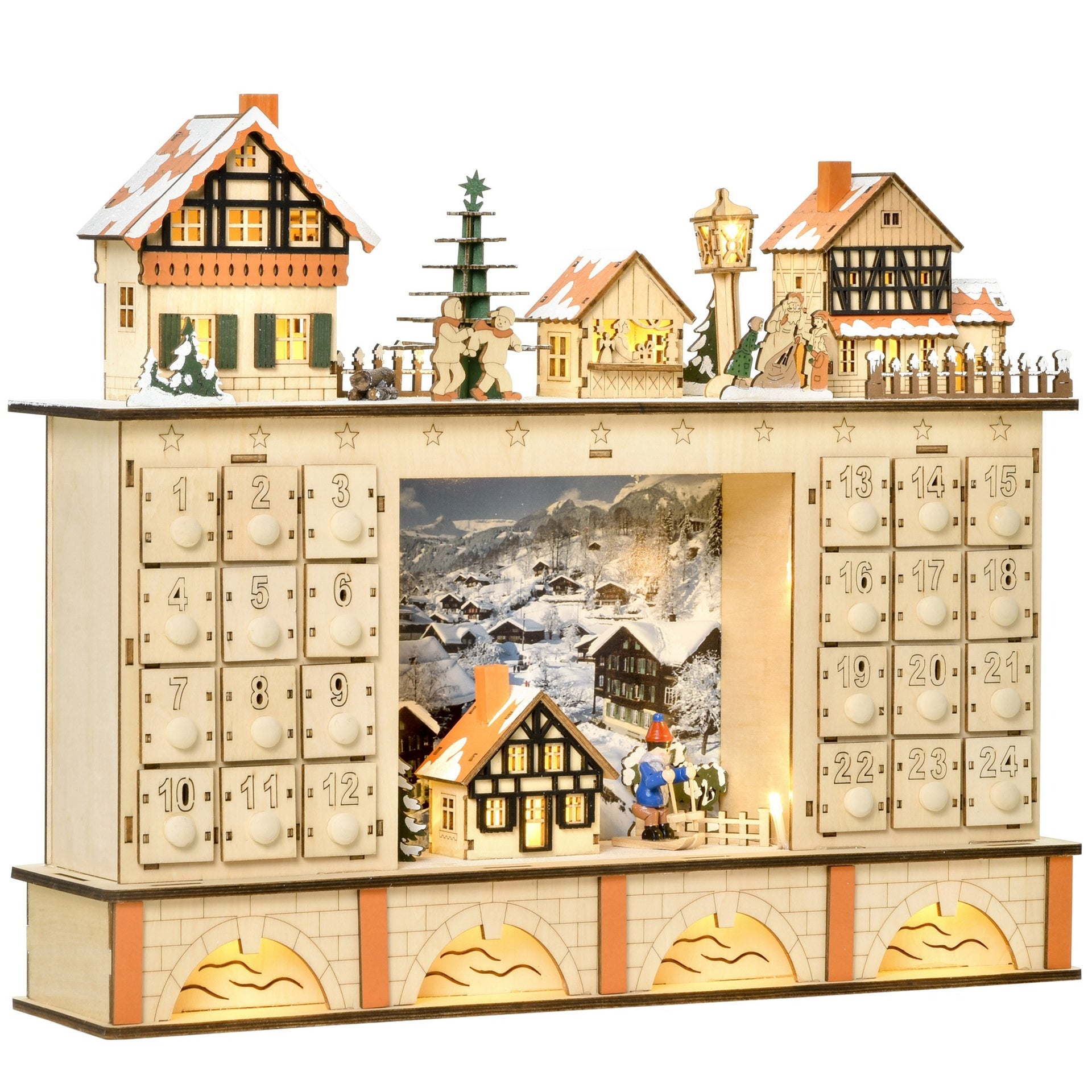 HOMCOM Christmas Advent Calendar, Light Up Table Xmas Wooden Store Holiday Decoration with Countdown Drawer, Village, for Kids and Adults, Natural