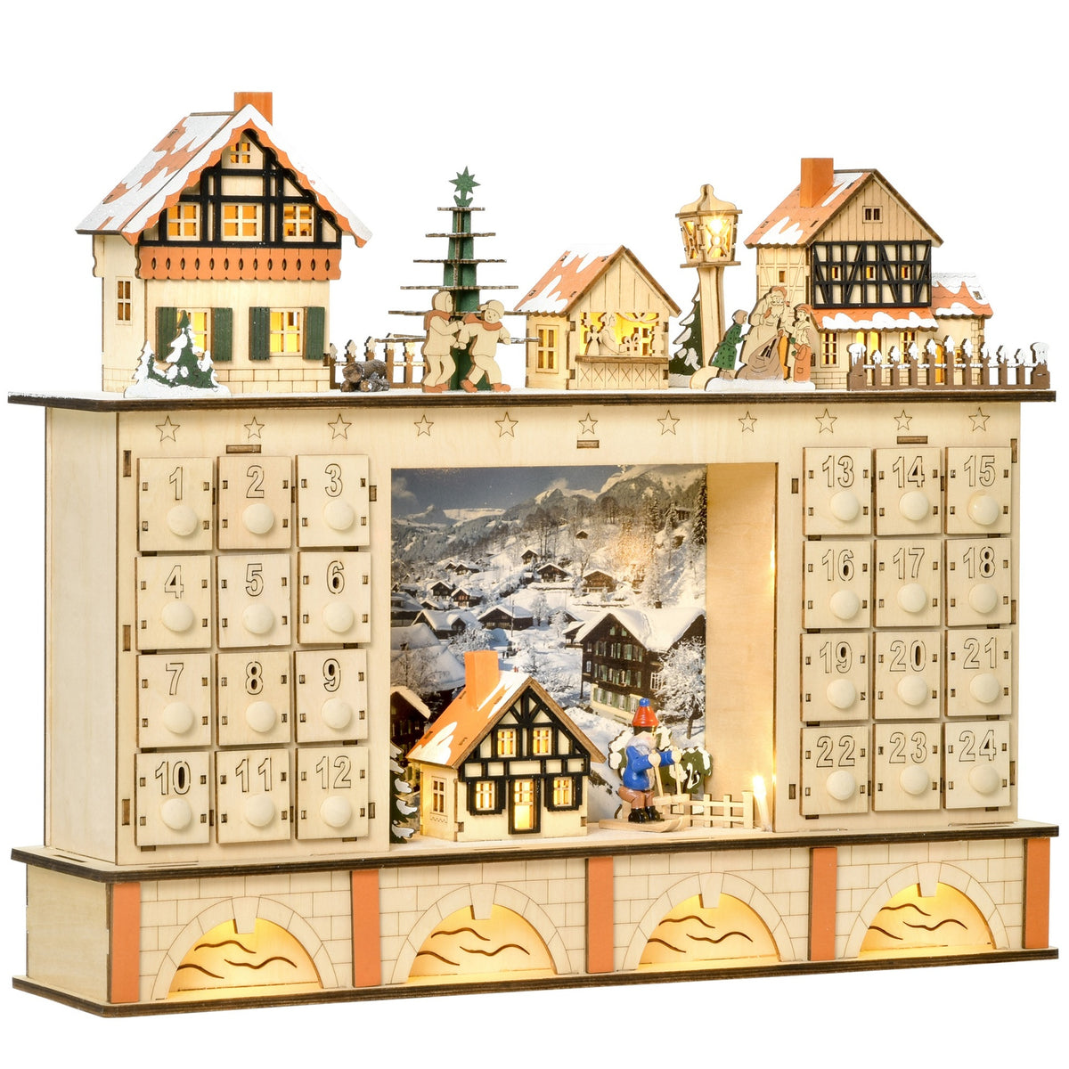 HOMCOM Christmas Advent Calendar, Light Up Table Xmas Wooden Store Holiday Decoration with Countdown Drawer, Village, for Kids and Adults, Natural