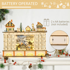 HOMCOM Christmas Advent Calendar, Light Up Table Xmas Wooden Store Holiday Decoration with Countdown Drawer, Village, for Kids and Adults, Natural