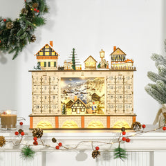 HOMCOM Christmas Advent Calendar, Light Up Table Xmas Wooden Store Holiday Decoration with Countdown Drawer, Village, for Kids and Adults, Natural