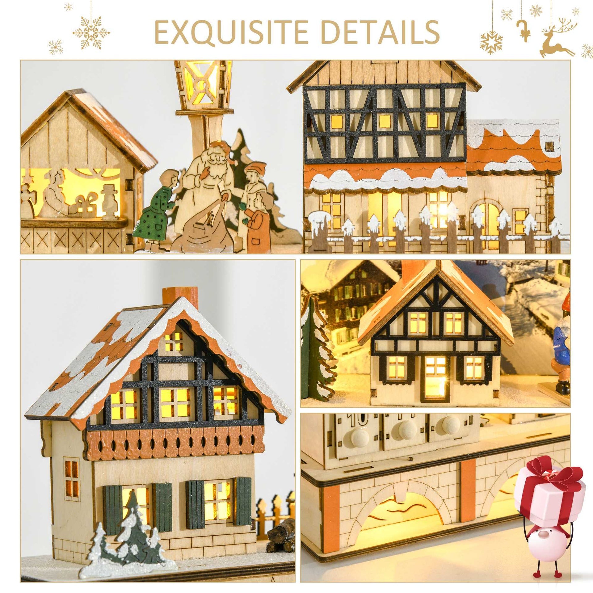 HOMCOM Christmas Advent Calendar, Light Up Table Xmas Wooden Store Holiday Decoration with Countdown Drawer, Village, for Kids and Adults, Natural